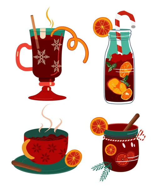 Mulled Red Wine Set Different Special Glasses Jar Stripped Tube — Stock Vector