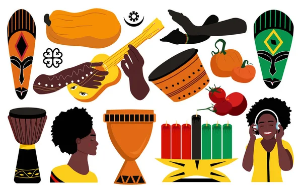 Kwanzaa Objetos Símbolos Ideias Conjunto Festival Cultura Afro Americana Tradições Vetores De Stock Royalty-Free