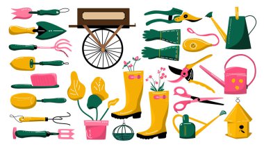 Bahçe malzemeleri ve alet koleksiyonu. Tohum ekme ve tohum ekme için el çizimi. Eko hobisi. Kuru erik, sulama tenekesi, giysi, trowell illüstrasyonları. Çiçek yetiştir ve yetiştir.