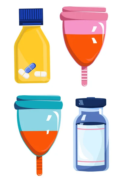 Copos Menstruais Silicone Vitaminas Para Mulheres Itens Reutilizáveis Coloridos Para Ilustrações De Stock Royalty-Free