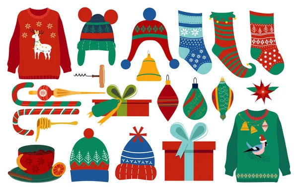 Conjunto Natal Com Símbolos Tradicionais Férias Inverno Feliz Ano Novo Ilustração De Stock