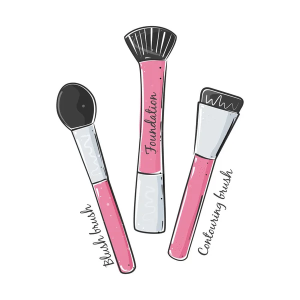 Make-up penselen in roze kleur, handgetekend stijl. Vector illustratie geïsoleerd op witte achtergrond. — Stockvector