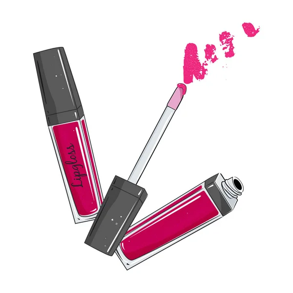 Lipgloss offen und geschlossen mit Pinsel, helle rosa Farbe isoliert auf weißem Hintergrund. Vektorillustration. — Stockvektor