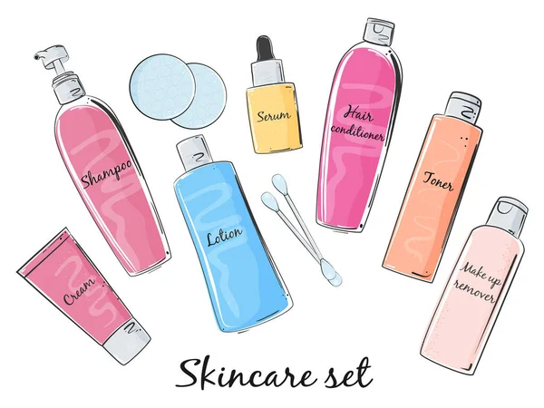 Skincare vector set illustrazione in stile disegnato a mano, diverse bottiglie isolate su sfondo bianco. — Vettoriale Stock