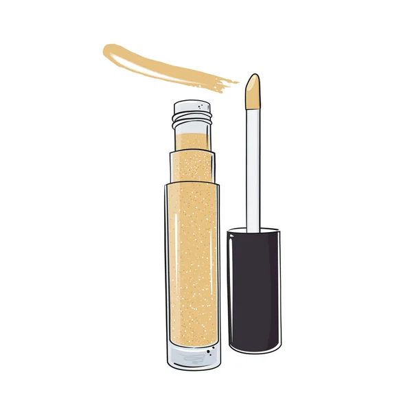 Lipgloss offen mit Pinsel und Muster, goldener Glanz auf weißem Hintergrund. Vektorillustration. — Stockvektor