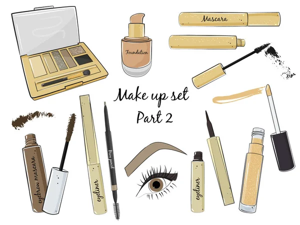 Set van make-up cosmetica producten in handgetekende stijl. Vectorillustratie. — Stockvector