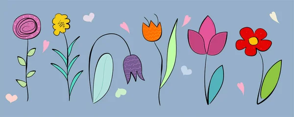 Flores desenhadas à mão, desenhos animados e estilo doodle. Ilustração vetorial. — Vetor de Stock