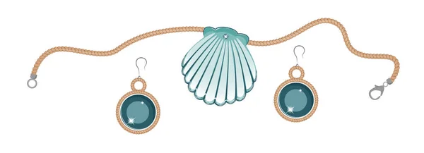 Seashell naszyjnik na linie i kolczyki, Marine biżuteria. Ilustracja wektora. — Wektor stockowy