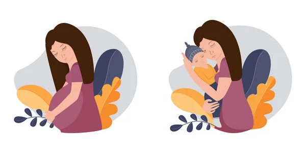 Bella donna incinta e con il bambino tra le braccia. Concetto di maternità. Illustrazione vettoriale. — Vettoriale Stock