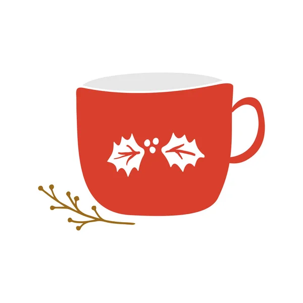 Červené Vánoce roztomilý šálek na čaj a kávu ve stylu doodle. Vektorová ilustrace. — Stockový vektor
