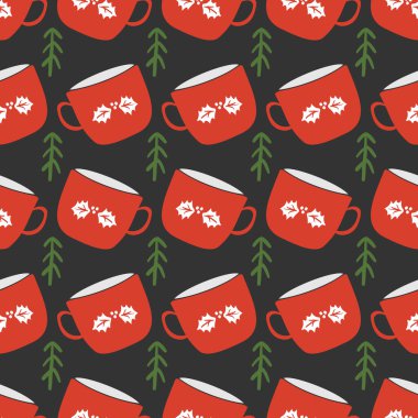 Noel kırmızı kupası, ağaç dallı, pürüzsüz desen. Vektör illüstrasyonu.