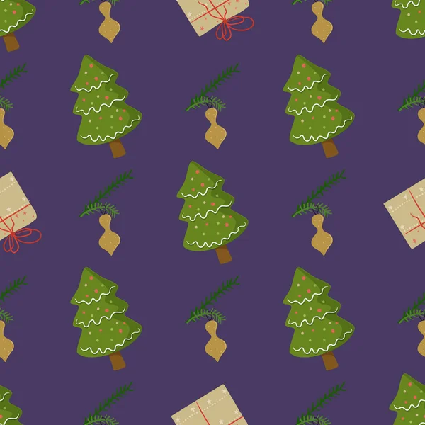 贈り物やおもちゃで新年の木のシームレスなクリスマスパターン。ベクターイラスト. — ストックベクタ