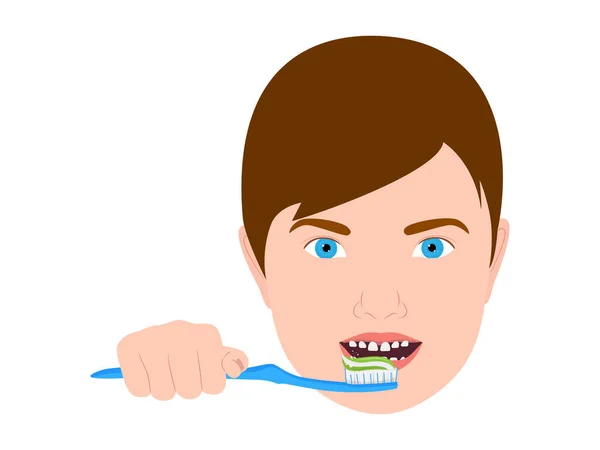 Bambino lavarsi i denti, bambini igiene orale. Illustrazione vettoriale. — Vettoriale Stock