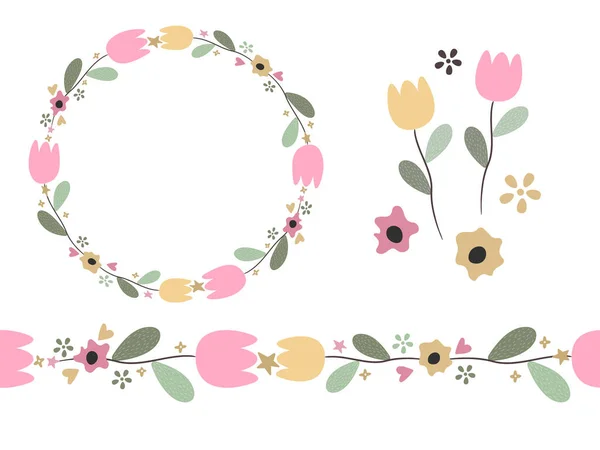 Vektorset mit floralen Elementen, Blumenpinsel, Kranz, Tulpen im handgezeichneten Stil. Doodle-Illustration. — Stockvektor