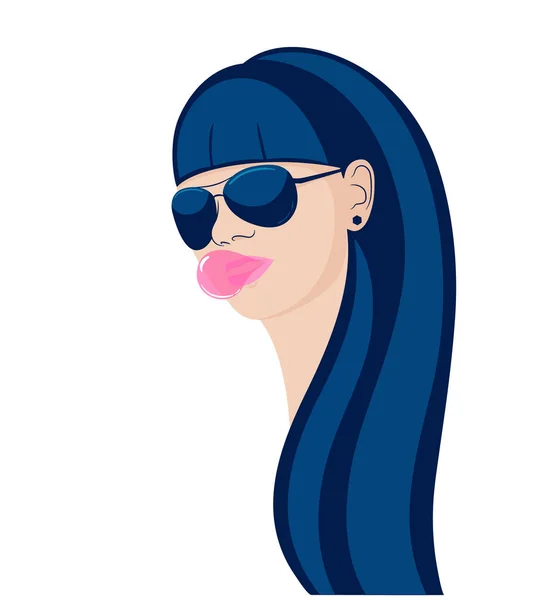 Sexig tjej i solglasögon blåser rosa tuggummi bubbla. Vektorillustration. — Stock vektor