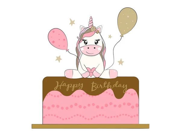 Unicornio sentado sobre pastel con globos. Feliz cumpleaños vector ilustración. — Vector de stock