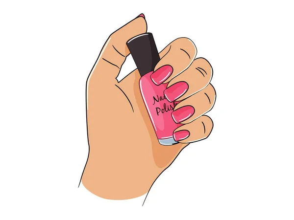 Vrouwenhand houdt een fles roze nagellak vast. Schoonheidsconcept. Vectorillustratie. — Stockvector