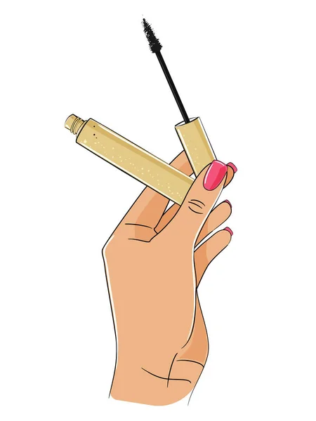 Wimperntusche mit Pinsel in Frauenhand auf weißem Hintergrund. Vektorillustration. — Stockvektor