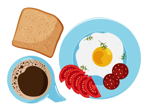 Colazione mattutina. Piatto con uovo fritto, salsiccia, pane e pomodori. Una tazza di caffè. Illustrazione vettoriale. — Vettoriale Stock