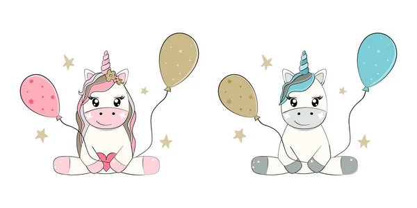 Mignonnes licornes garçon et fille. Fête d'anniversaire, baby shower. Illustration vectorielle. — Image vectorielle