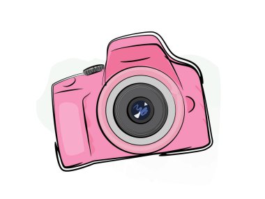 Beyaz arka planda izole edilmiş sevimli pembe kamera. Vektör illüstrasyonu.