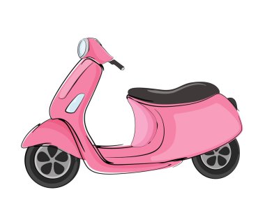 Beyaz arka planda izole edilmiş, elle çizilmiş pembe scooter. Vektör illüstrasyonu.