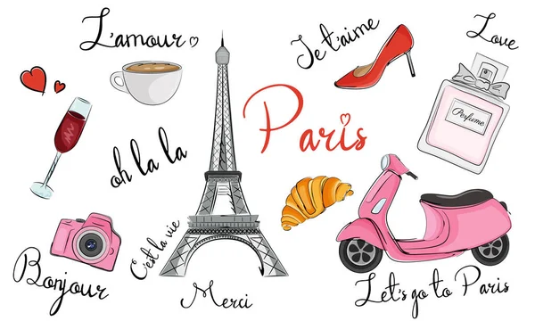 Paris símbolos desenhados à mão, ícones. Coleção de elementos França. Ilustração vetorial. — Vetor de Stock