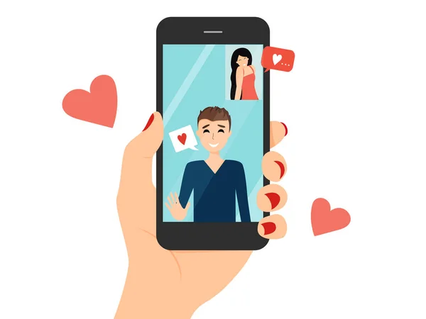 Minnaars hebben online dating, video chat op smartphone. Vectorillustratie. — Stockvector