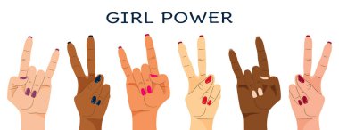 Kadın eli farklı milletler zafer işaretleri gösteriyor. Feminizm kavramı. Vektör illüstrasyonu.