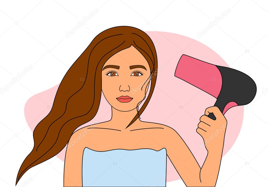 Woman drying hair in bathroom with hairdryer. Vector illustration.