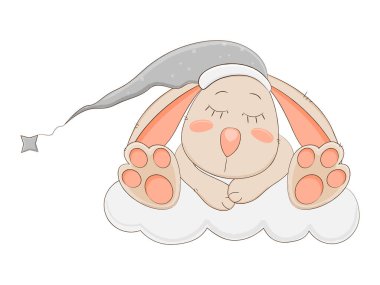 Bulutların üzerinde uyuyan sevimli çizgi film tavşanı. Vektör illüstrasyonu.