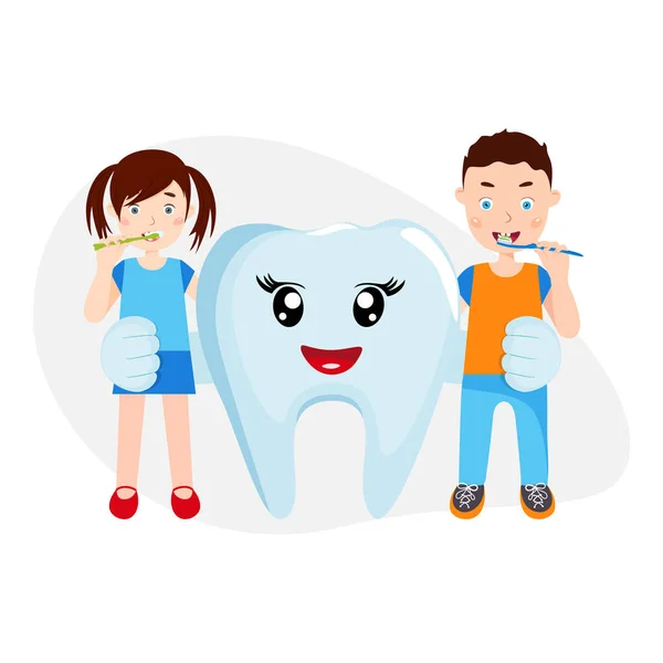 Dente de desenho animado. Miúdos a escovar dentes. Cuidados dentários. Ilustração vetorial. — Vetor de Stock