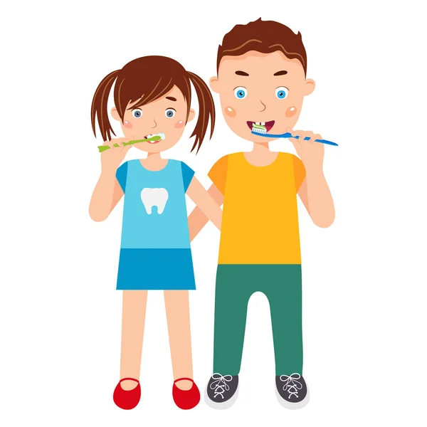 Dişlerini fırçalayan sevimli çocuklar, ağız temizliği yapan çocuklar. Vektör illüstrasyonu. — Stok Vektör