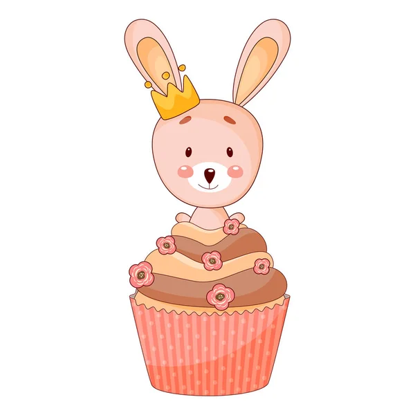Jolie princesse lapin bébé, lapin avec arc assis sur cupcake. Illustration vectorielle. — Image vectorielle