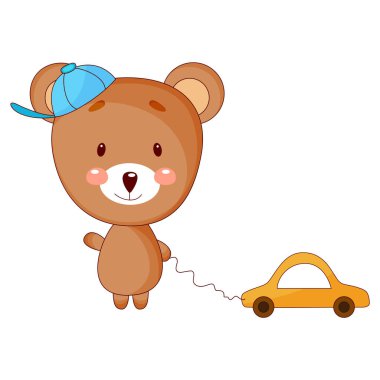 Oyuncak arabalı sevimli bebek ayı çizgi film çocuğu. Vektör illüstrasyonu.