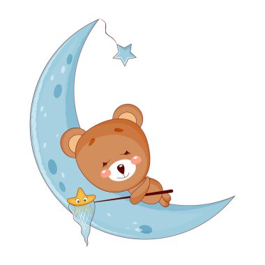 Ay 'da uyuyan sevimli bebek ayı. Vektör illüstrasyonu.