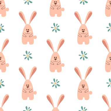 Soyut tarzda çiçek ve tavşan desenli kusursuz bir desen. Vektör illüstrasyonu.