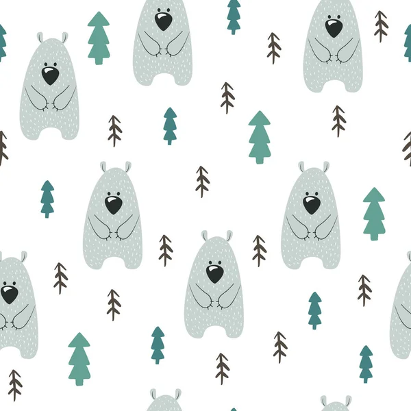 Sömlös mönster björn i handen ritad stil på vit bakgrund. Vektorillustration. — Stock vektor