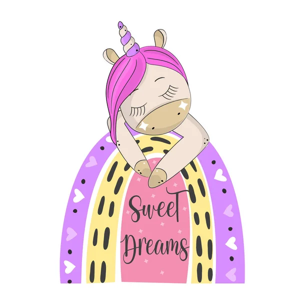 Aranyos unikornis, szivárványon alszik. Szép álmokat.. — Stock Vector