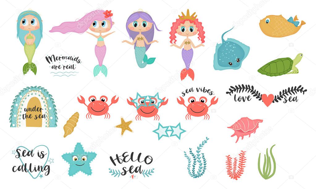 Under the sea collection. Cute mermaids cartoon vector illustration.