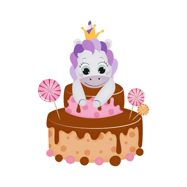 Gâteau d'anniversaire avec licorne et bonbons en style dessin animé. Illustration vectorielle. — Image vectorielle