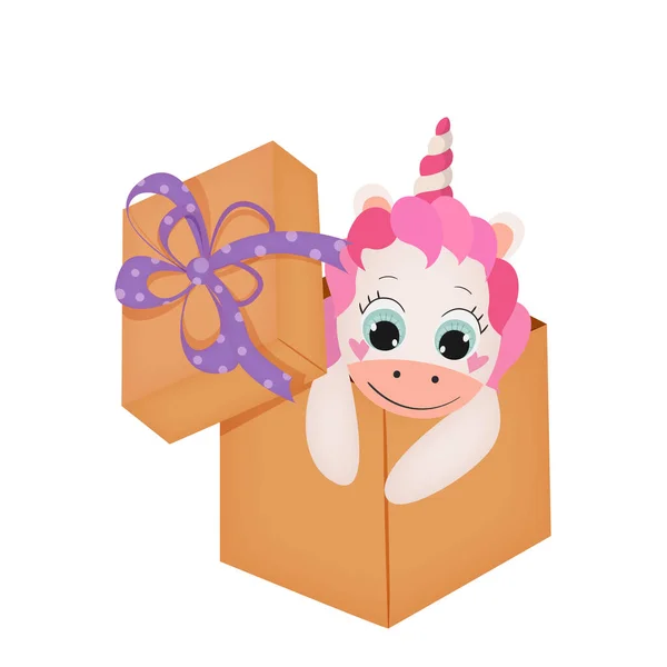 可爱的卡通小独角兽在礼品盒里.矢量说明. — 图库矢量图片