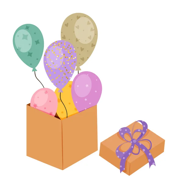 Caja de regalo con globos de colores, ilustración vectorial. — Vector de stock