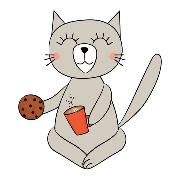 Doodle de gato com café e biscoito. Personagem de desenhos animados. Ilustração vetorial. —  Vetores de Stock