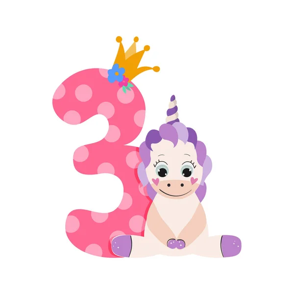 Unicornio cumpleaños número tres. Carácter animal. Ilustración vectorial. — Vector de stock