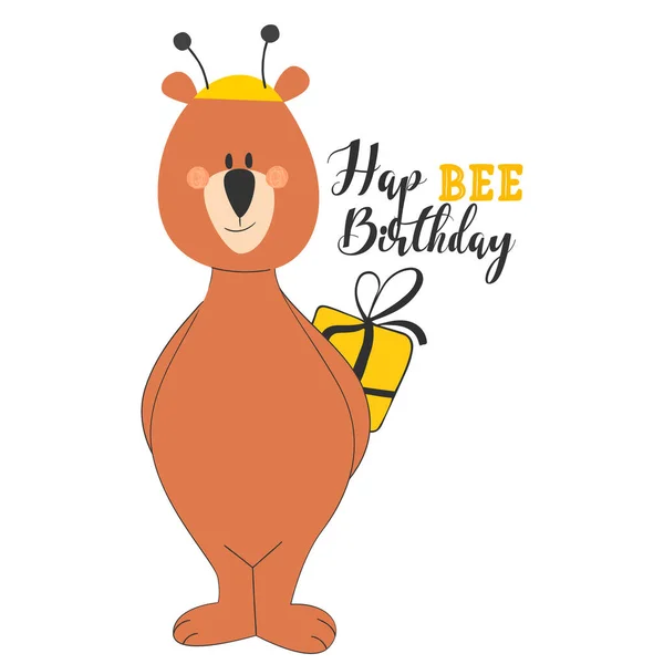 Divertido oso de dibujos animados con regalo de cumpleaños. Ilustración vectorial. — Vector de stock
