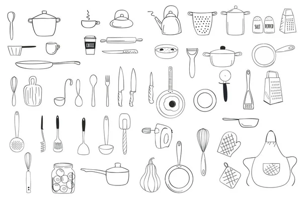Kitchenware outline doodle line art clipart. Vector illustration. — Stock Vector