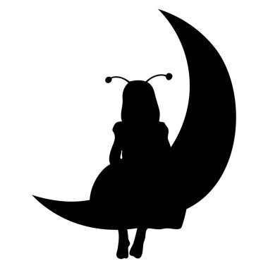 Ay 'da oturan küçük kız silueti. Vektör illüstrasyonu.