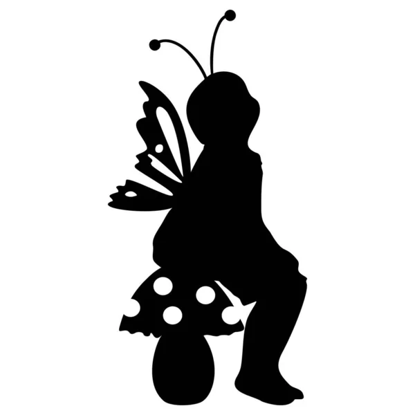 Silhouette de fille assise avec des ailes de papillon assis sur le champignon. Illustration vectorielle. — Image vectorielle