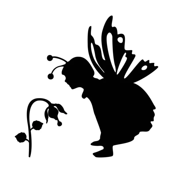 Kleine Mädchensilhouette mit Schmetterlingsflügeln. Vektorillustration. — Stockvektor